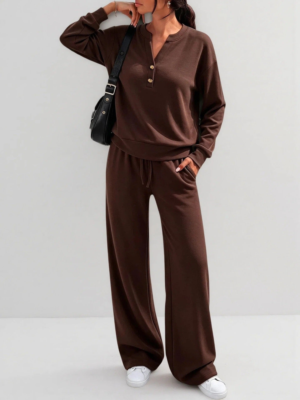 Women's Wide-Leg Pants Set – Relaxed Long-Sleeve Top