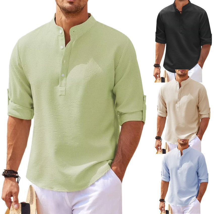 Men's Textured Button-Up Shirt – Stand Collar Regular Fit