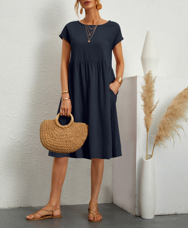 Women's A-Line Midi Dress – Short Sleeve with Pockets