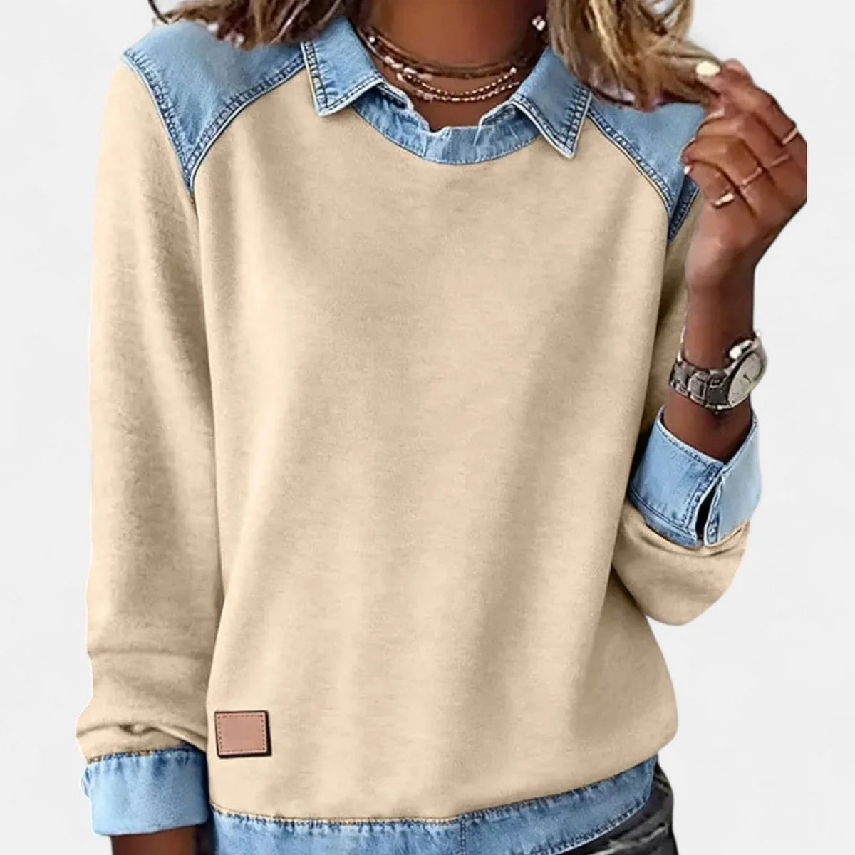 Women's Raglan Knit Sweater – Denim-Look Collar