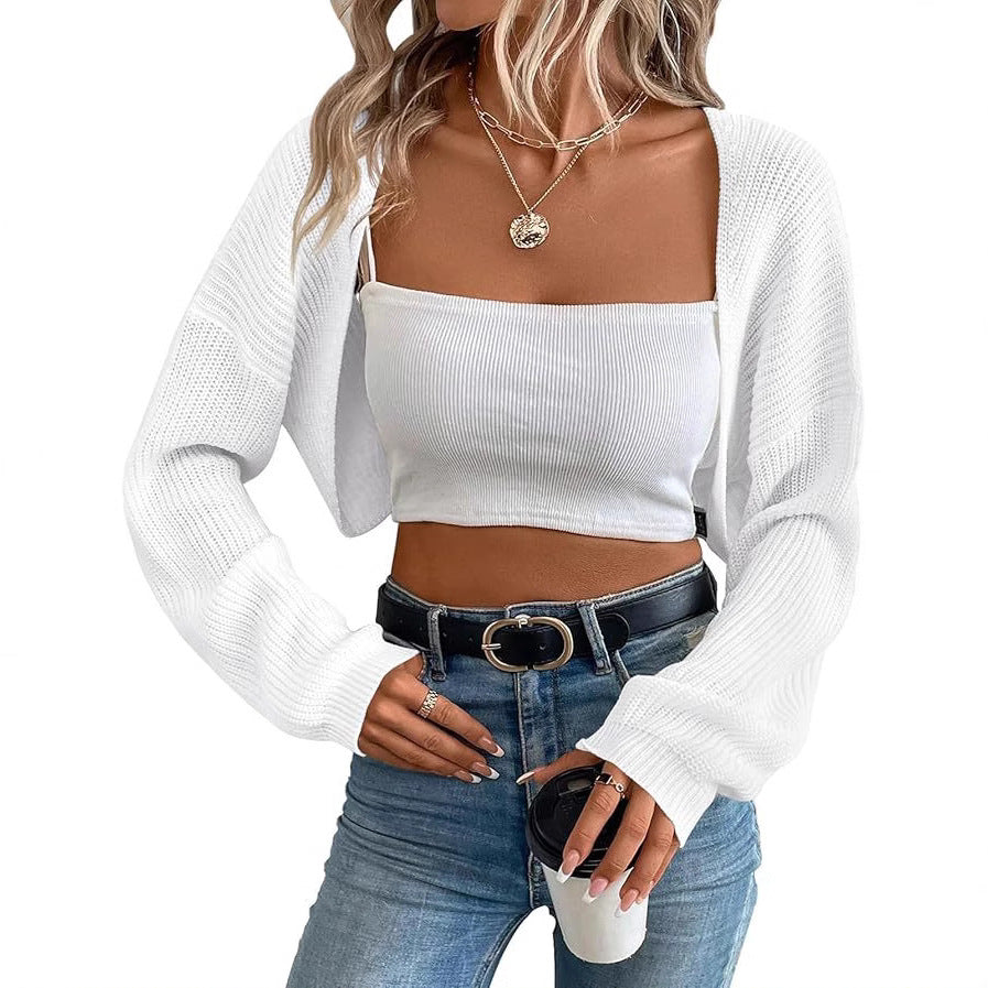 Women's Cropped Knit Cardigan – Ribbed Shawl Open Front
