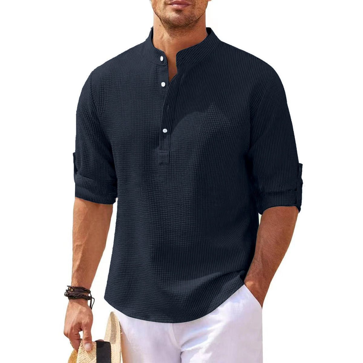 Men's Textured Button-Up Shirt – Stand Collar Regular Fit
