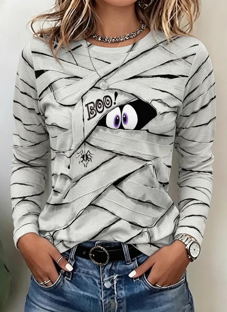 Women's Printed Long-Sleeve Top – Relaxed Crew Neck