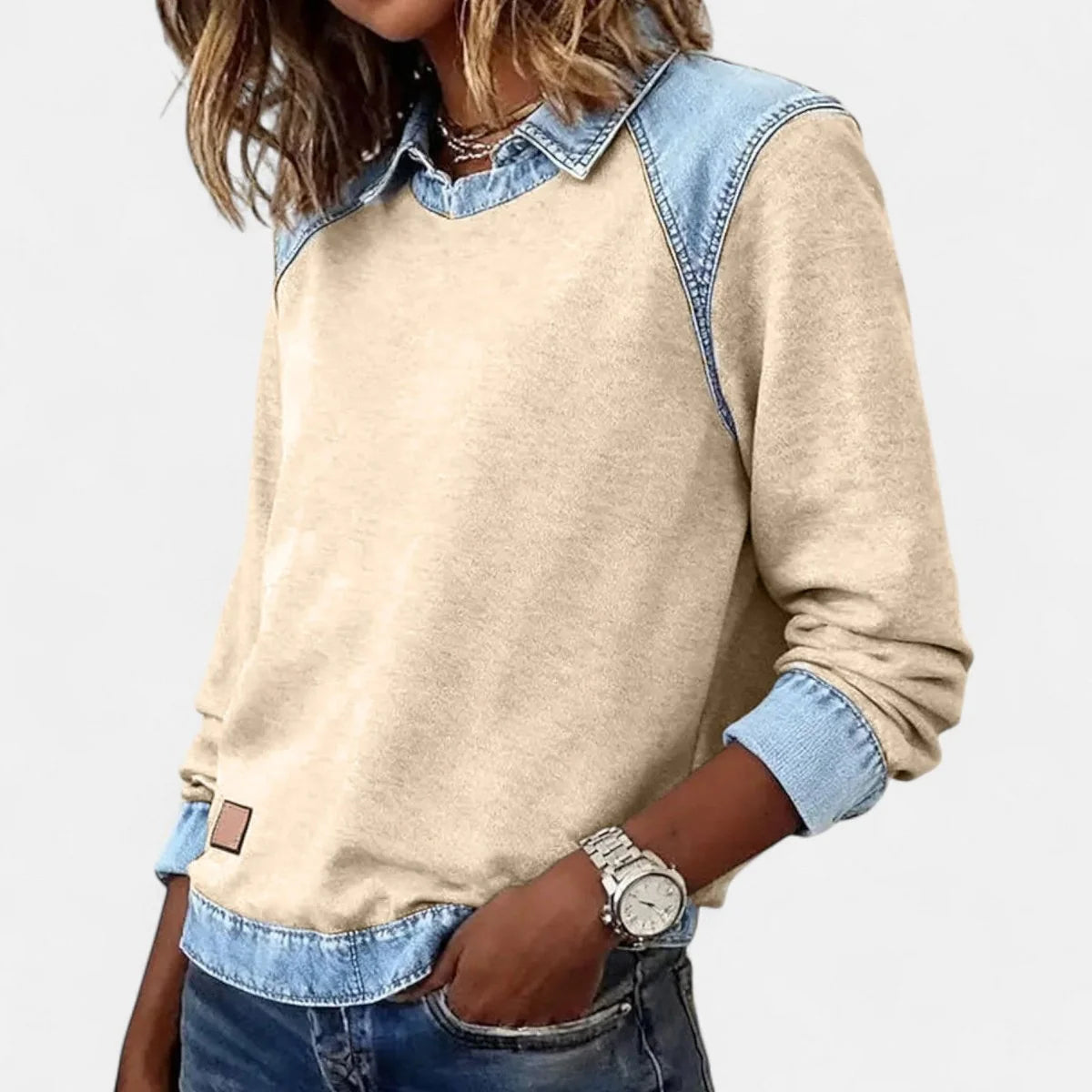 Women's Raglan Knit Sweater – Denim-Look Collar