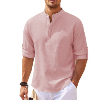 Men's Textured Button-Up Shirt – Stand Collar Regular Fit
