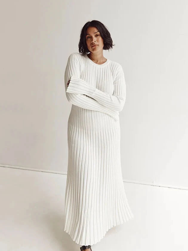 Women's Ribbed Knit Maxi Dress – A-Line Long Sleeve