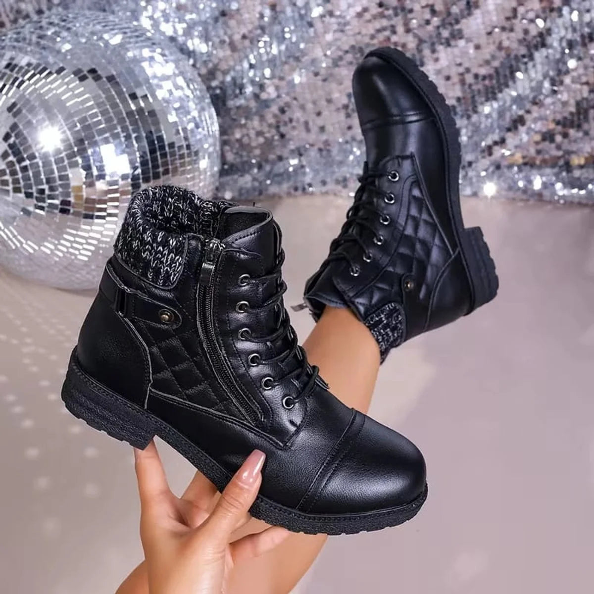 Women's Lace-Up Ankle Boots – Side Zip Block Heel