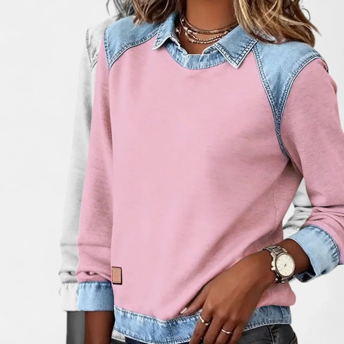 Women's Raglan Knit Sweater – Denim-Look Collar