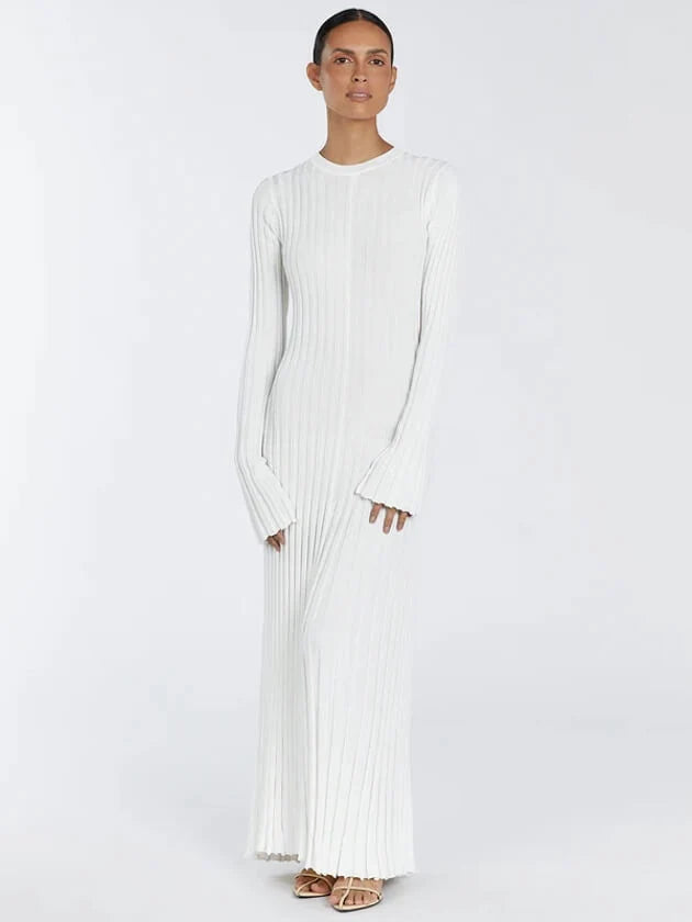 Women's Ribbed Knit Maxi Dress – A-Line Long Sleeve