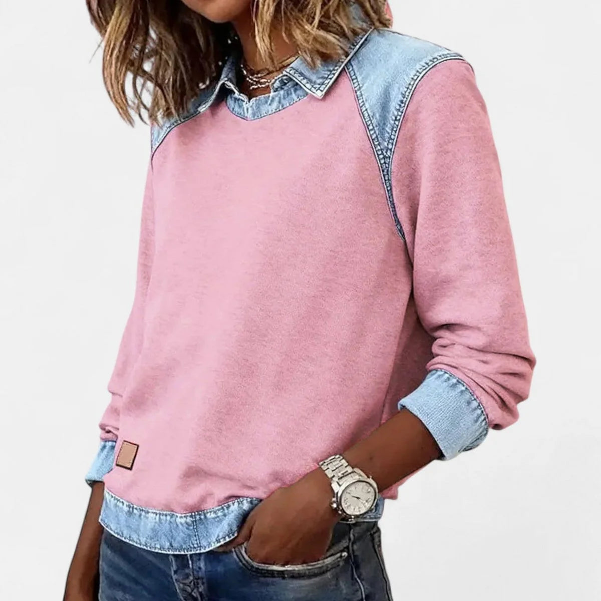 Women's Raglan Knit Sweater – Denim-Look Collar