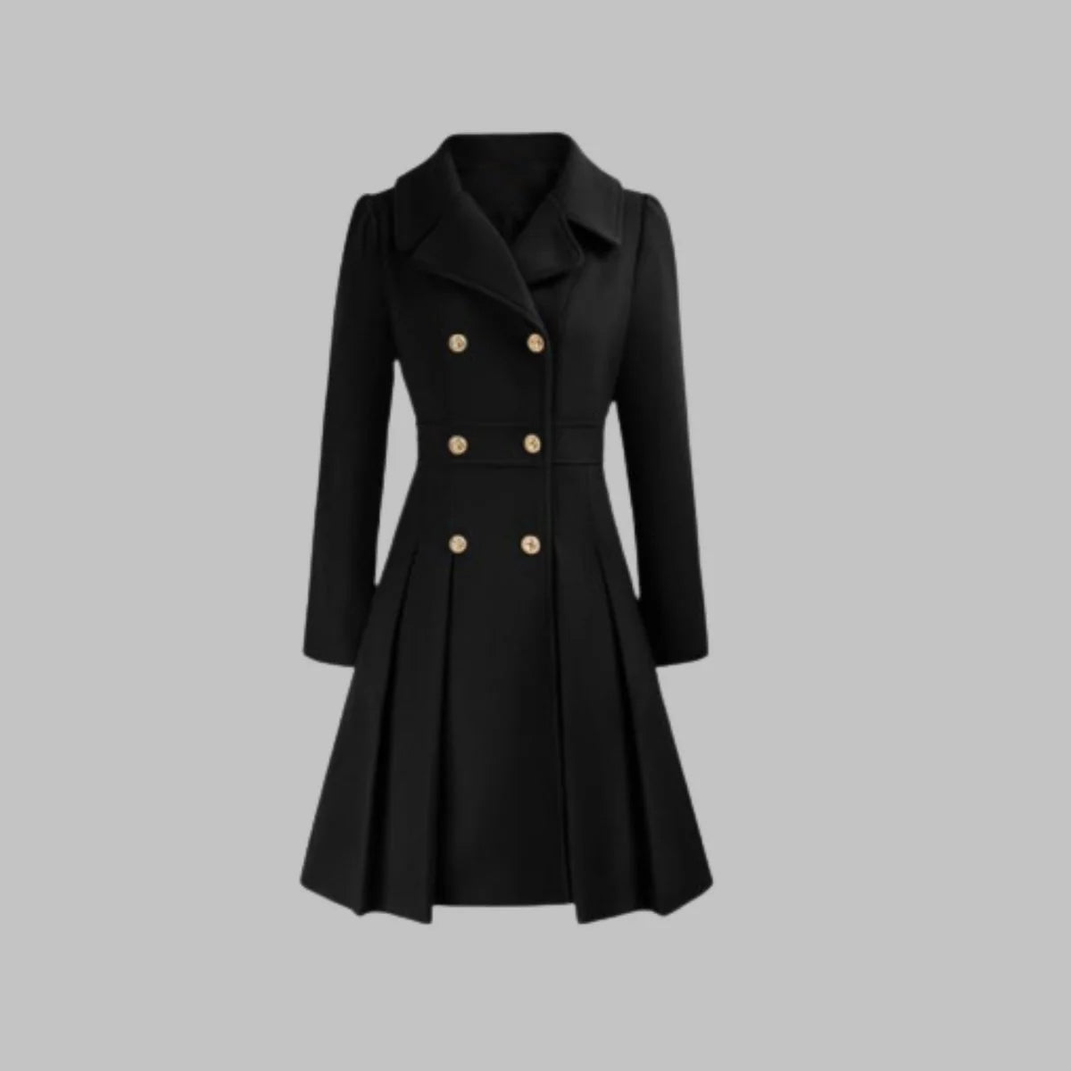 Women's Double-Breasted A-Line Coat – Pleated Flare Hem