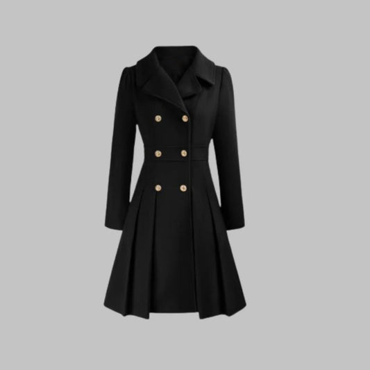 Women's Double-Breasted A-Line Coat – Pleated Flare Hem