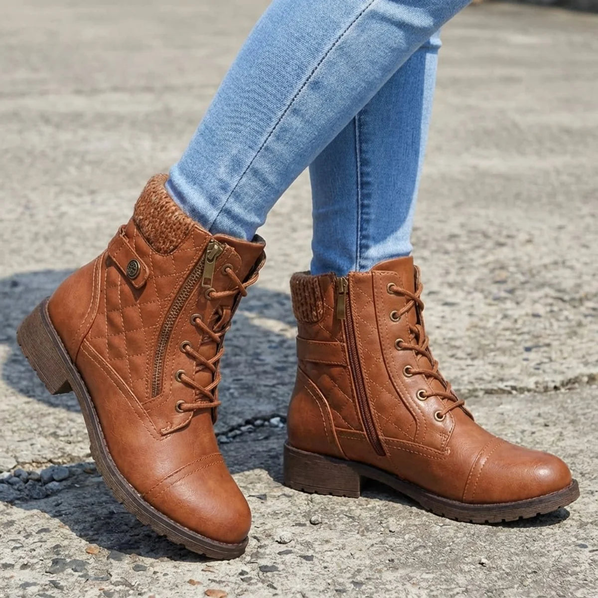 Women's Lace-Up Ankle Boots – Side Zip Block Heel