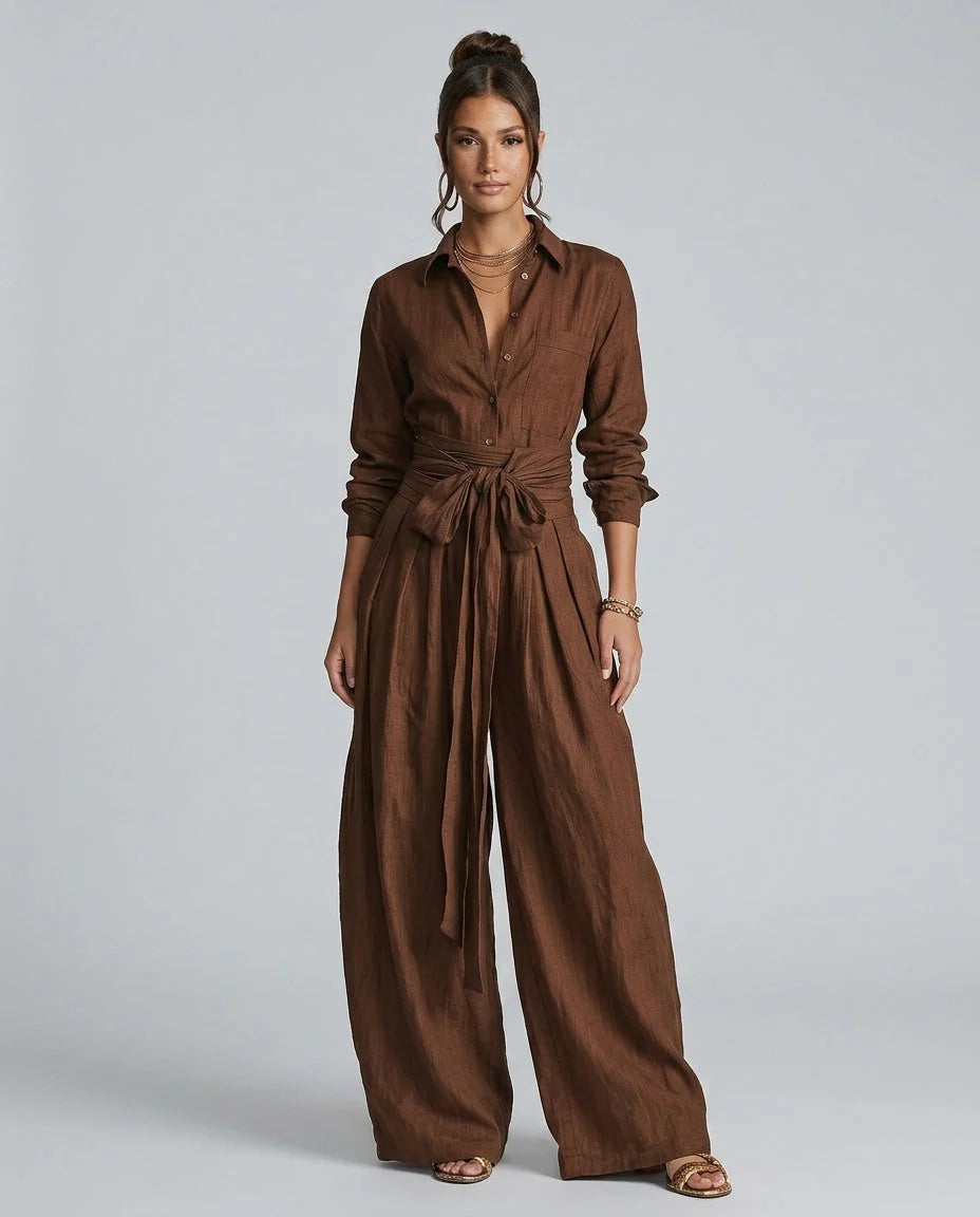 Women's Linen-Cotton Two-Piece Set – Tie-Waist Shirt and Pants