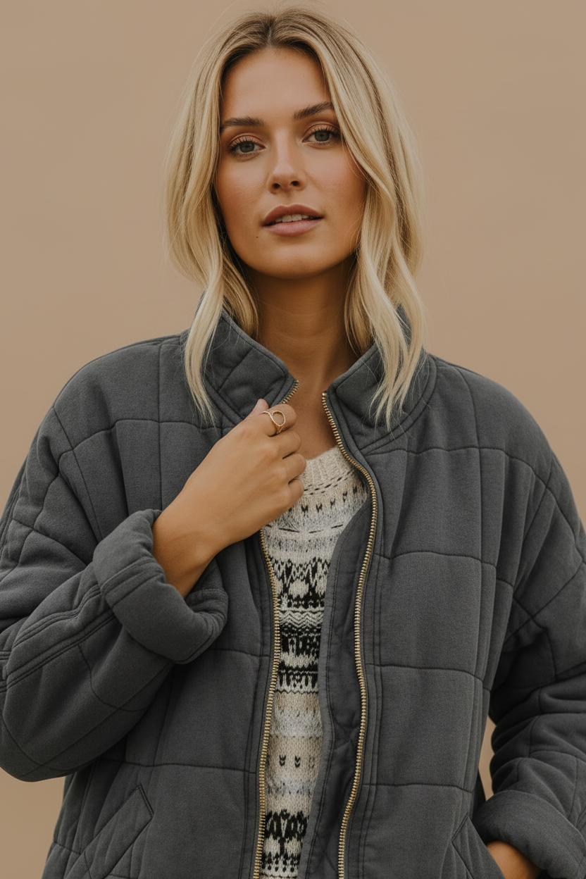 Women's Quilted Jacket – Diamond Stitch Stand Collar