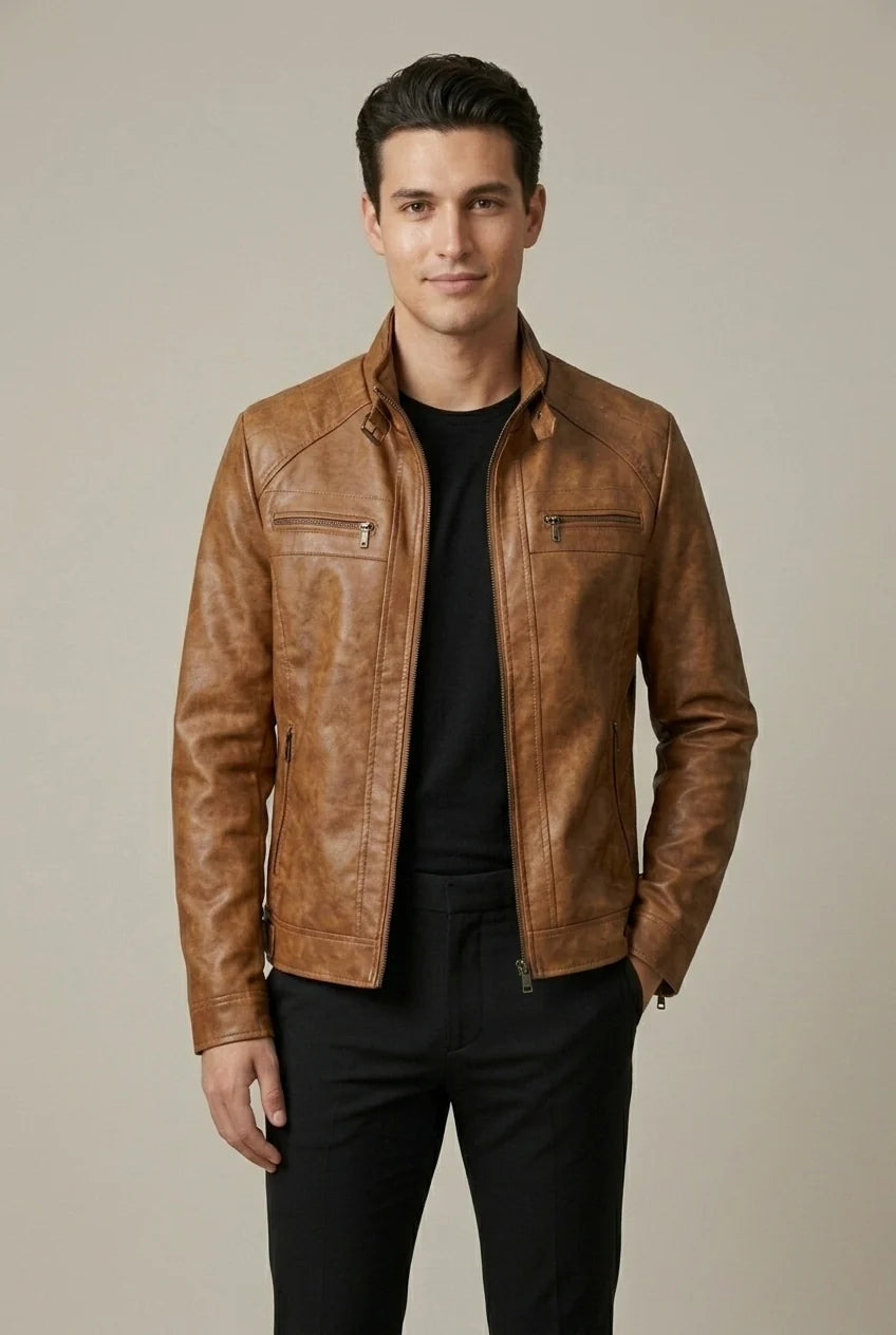 Men's Faux Leather Jacket – Stand Collar Zip Front