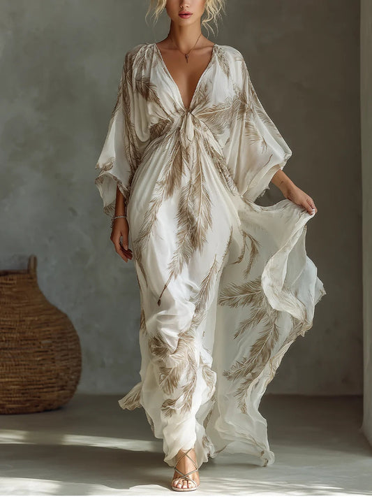 Women's Chiffon Maxi Dress – Palm Print Dolman Sleeve