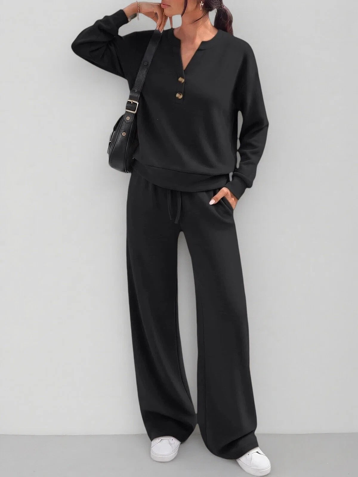 Women's Wide-Leg Pants Set – Relaxed Long-Sleeve Top