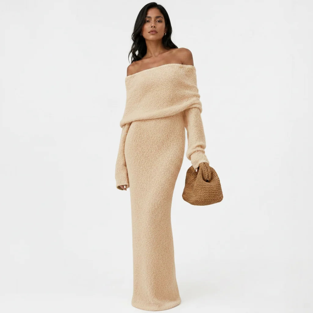 Women's Off-Shoulder Maxi Dress – Folded Lapel Neckline