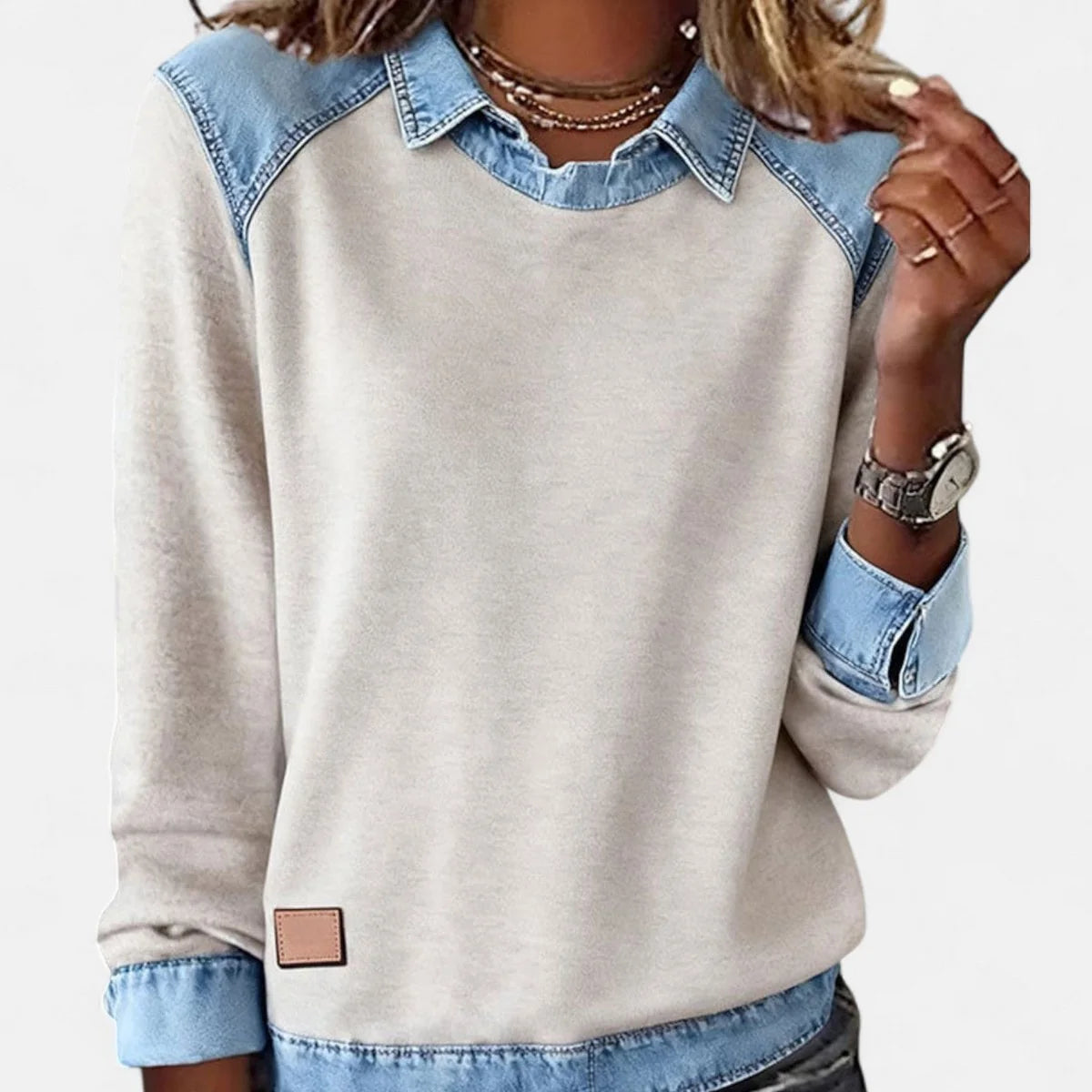 Women's Raglan Knit Sweater – Denim-Look Collar