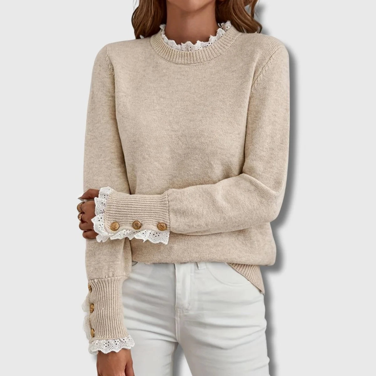 Women's Lace-Trim Knit Sweater – Ribbed Regular Fit
