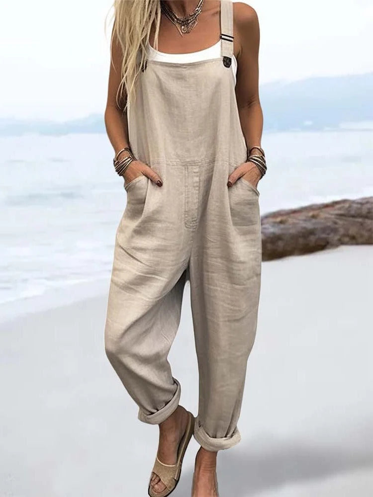 Women's Wide-Leg Linen-Blend Jumpsuit – Sleeveless Art Print