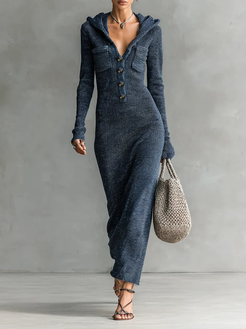 Women's Hooded Knit Maxi Dress – Fitted Ribbed Silhouette