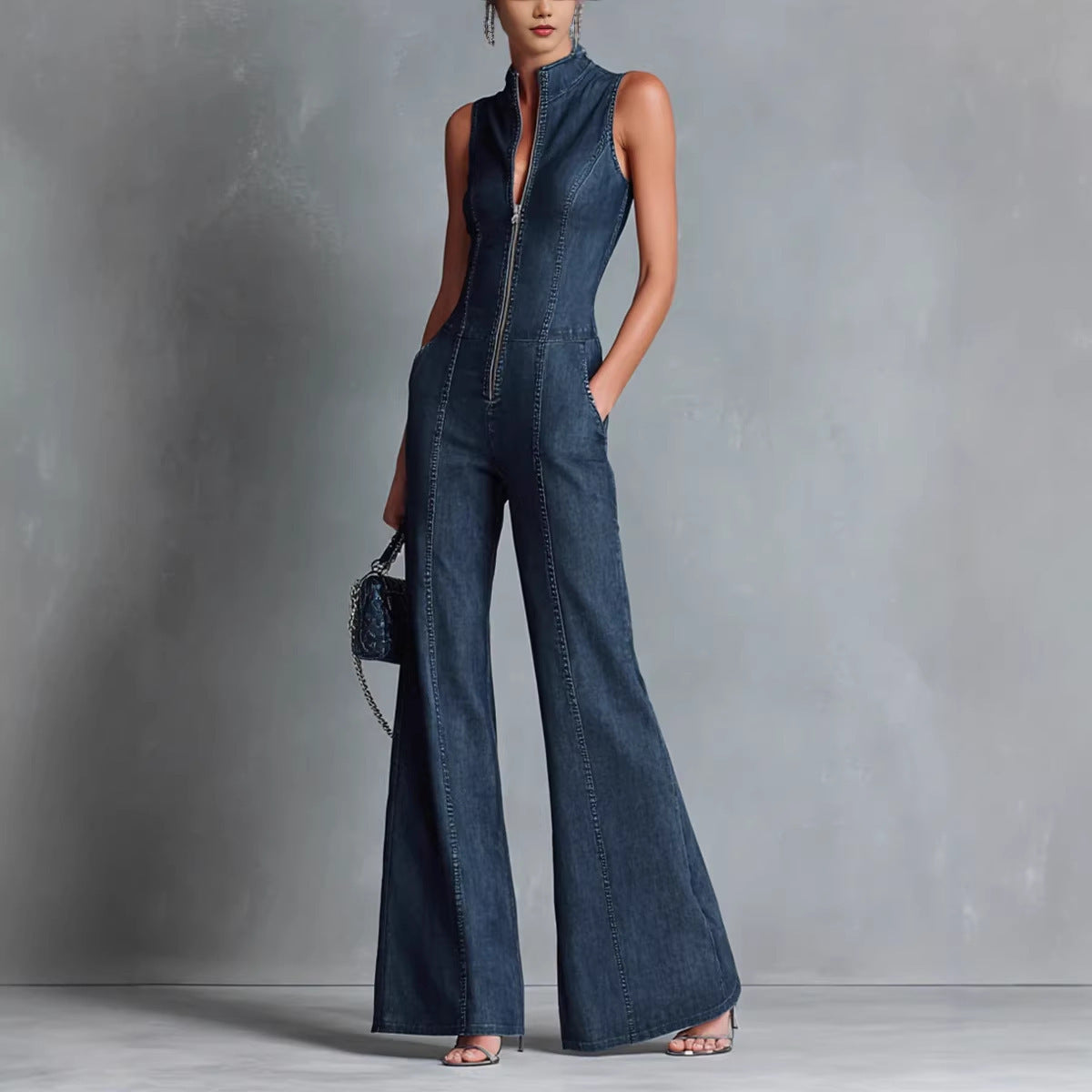 Women's Denim Jumpsuit – Sleeveless High Neck Zip Front