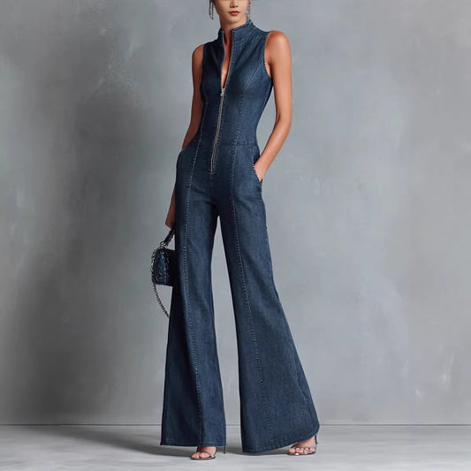 Women's Denim Jumpsuit – Sleeveless High Neck Zip Front