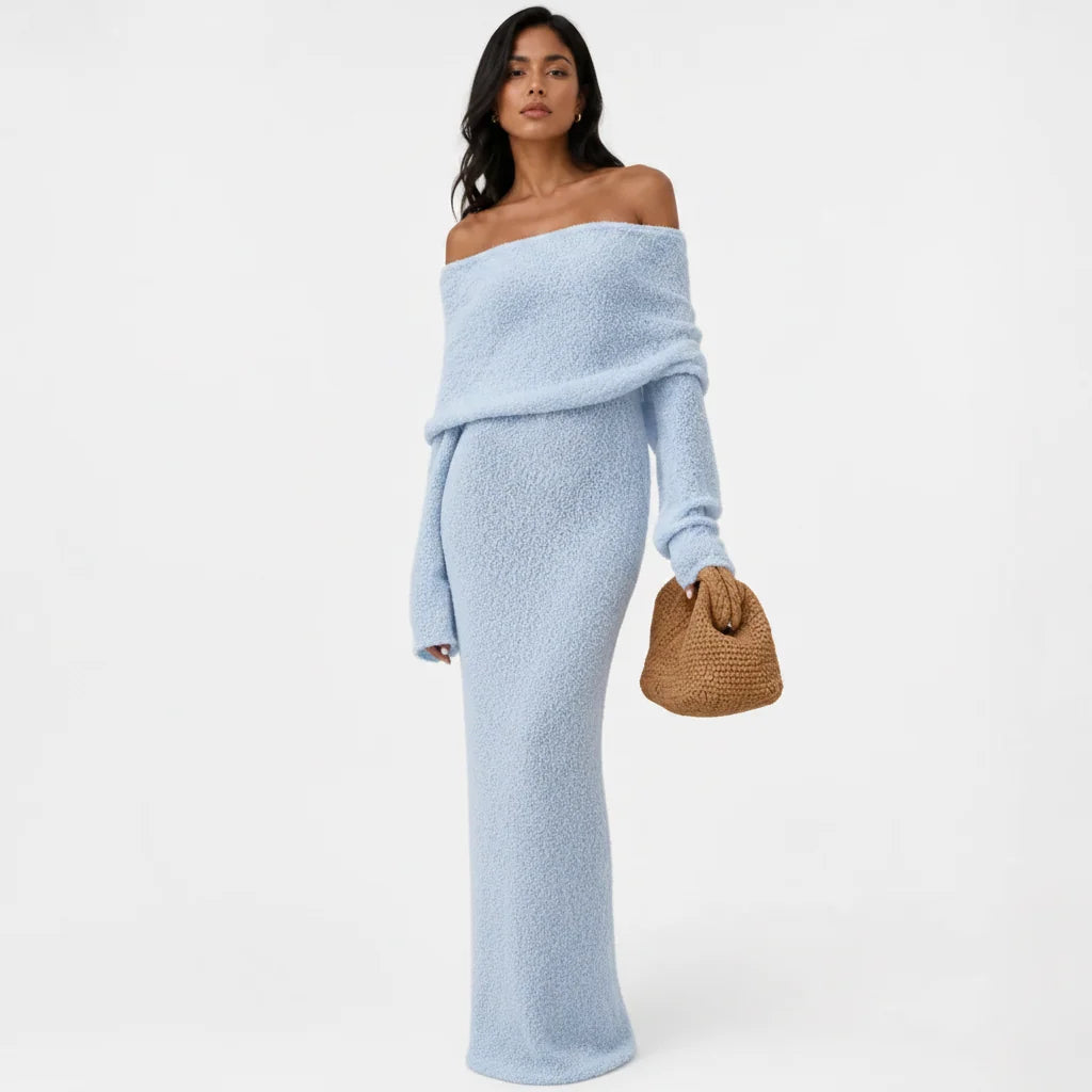 Women's Off-Shoulder Maxi Dress – Folded Lapel Neckline
