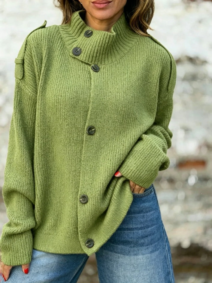 Women's Turtleneck Knit Cardigan – Hip-Length Button Front