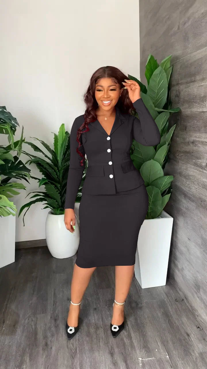 Women's Blazer and Midi Skirt Set – Shirt Collar Tailored