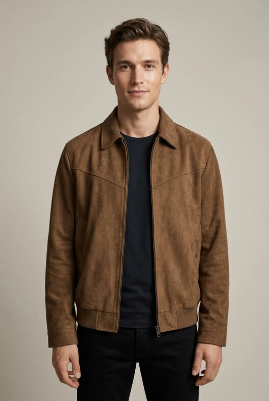 Men's Suede-Effect Jacket – Tailored Collar Zip-Up