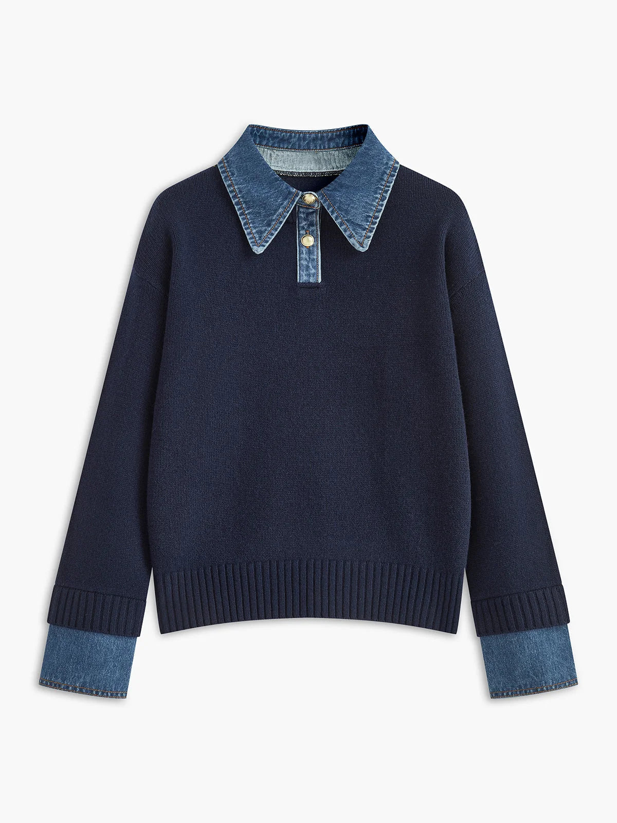 Women's Layered-Look Knit Sweater – Denim-Style Shirt Collar