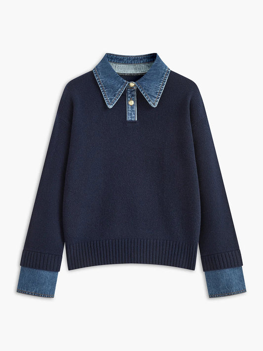 Women's Layered-Look Knit Sweater – Denim-Style Shirt Collar