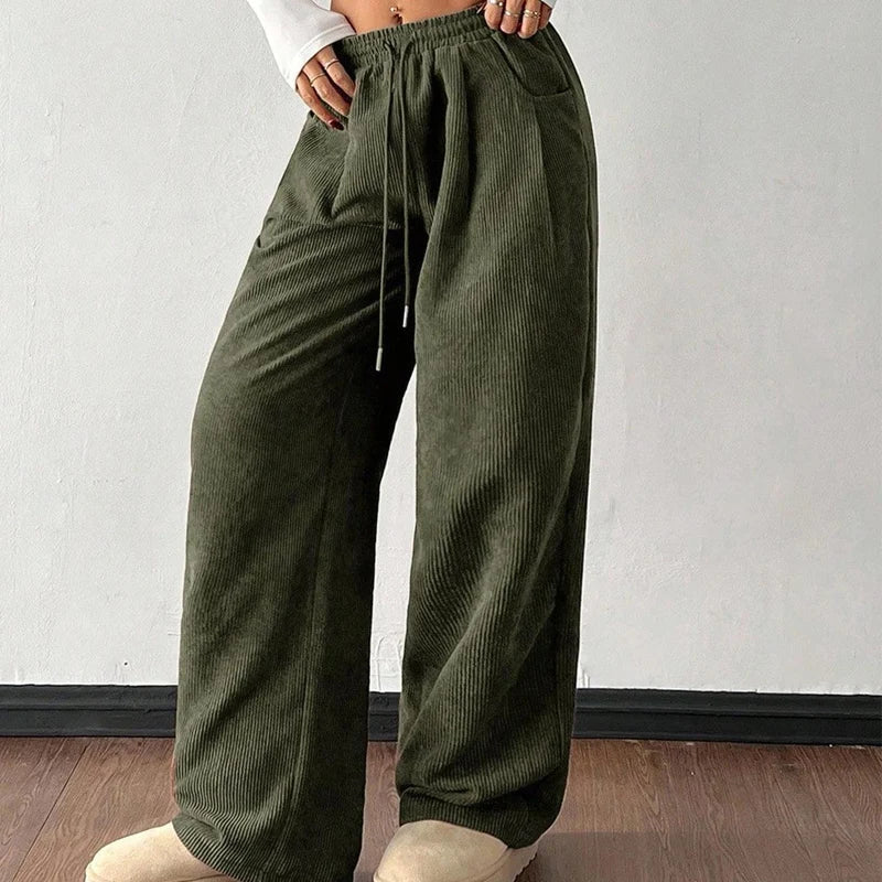 Women's Wide-Leg Corduroy Pants – Relaxed Drawstring Fit