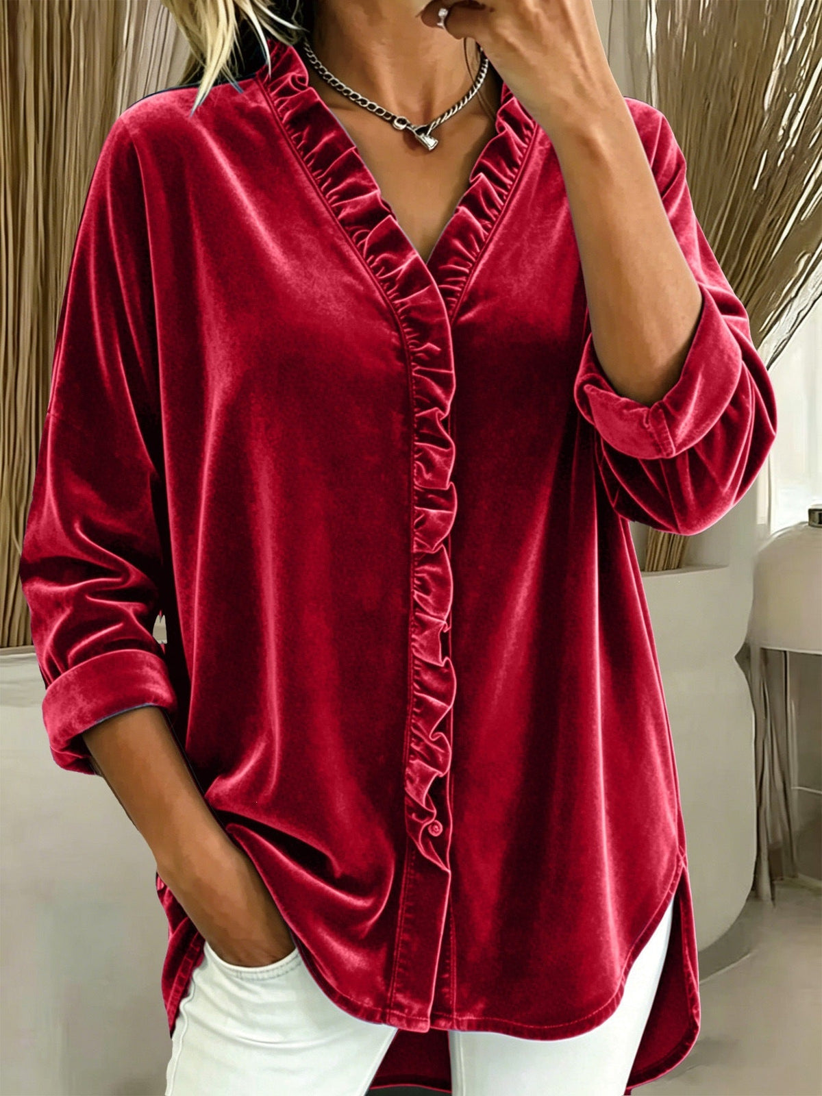 Women's Ruffle Collar Blouse – V-Neck Long Sleeve