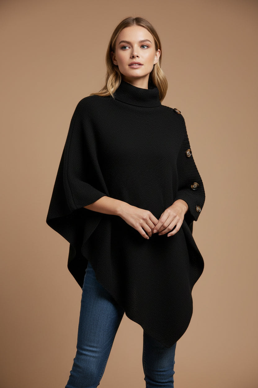 Women's Cape Sweater – Turtleneck Button Sleeve