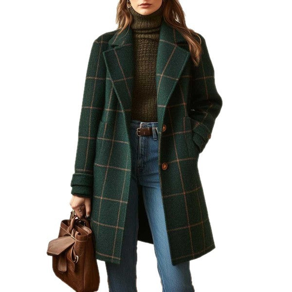 Women's Plaid Coat – Relaxed Fit with Lapels