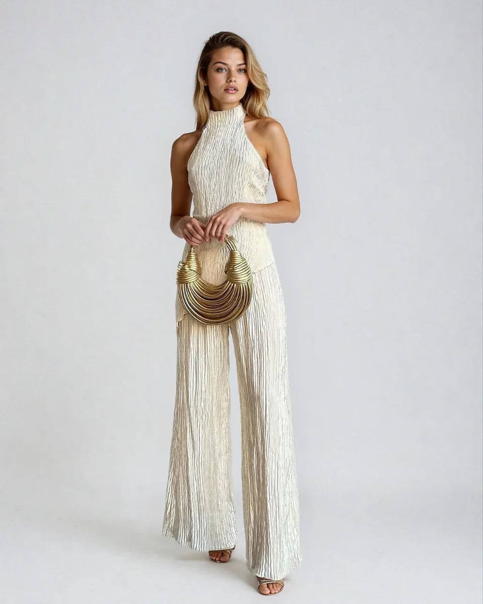 Women's Pleated Two-Piece Set – Off-Shoulder Top & Pants