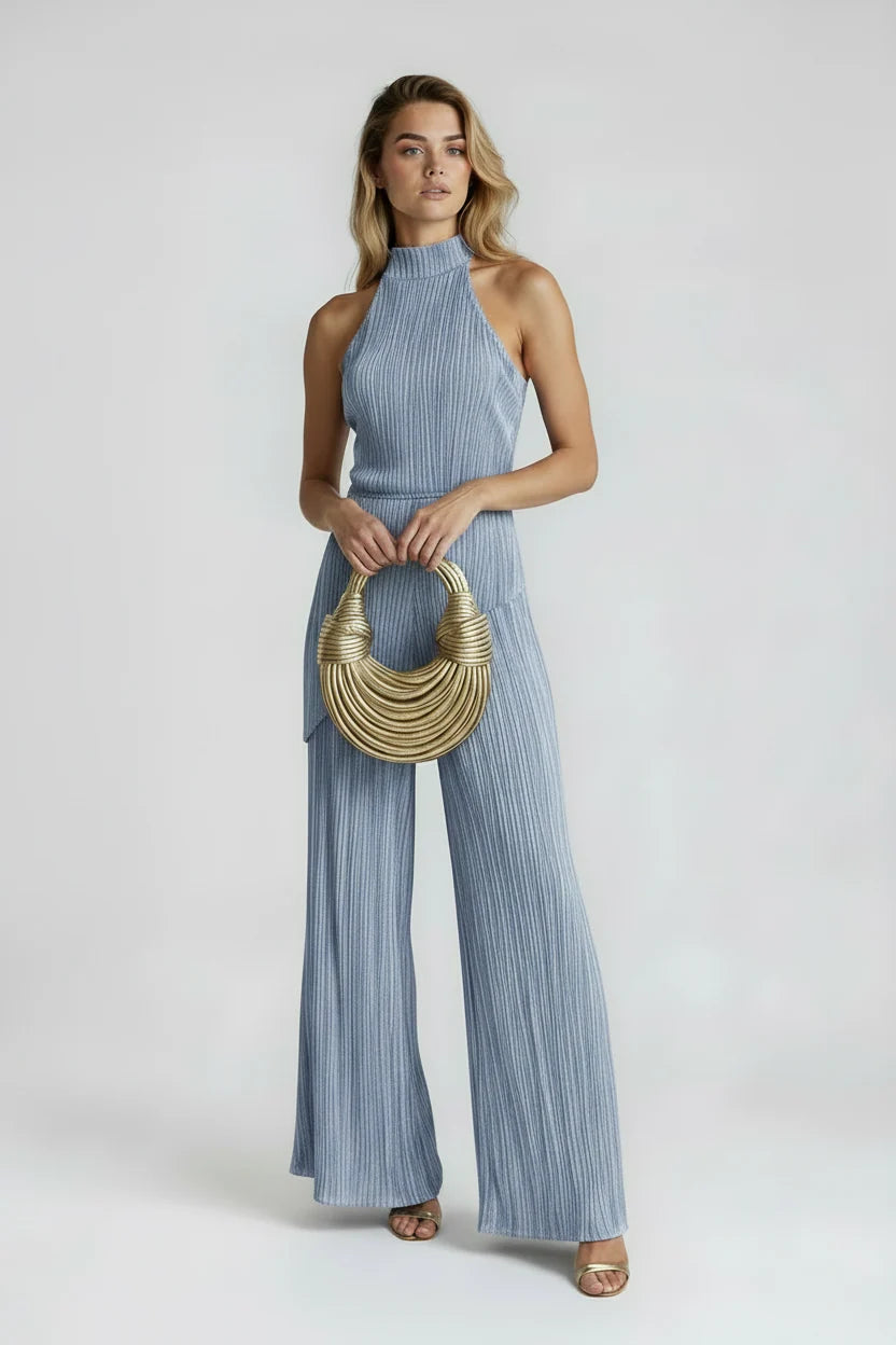 Women's Pleated Two-Piece Set – Off-Shoulder Top & Pants