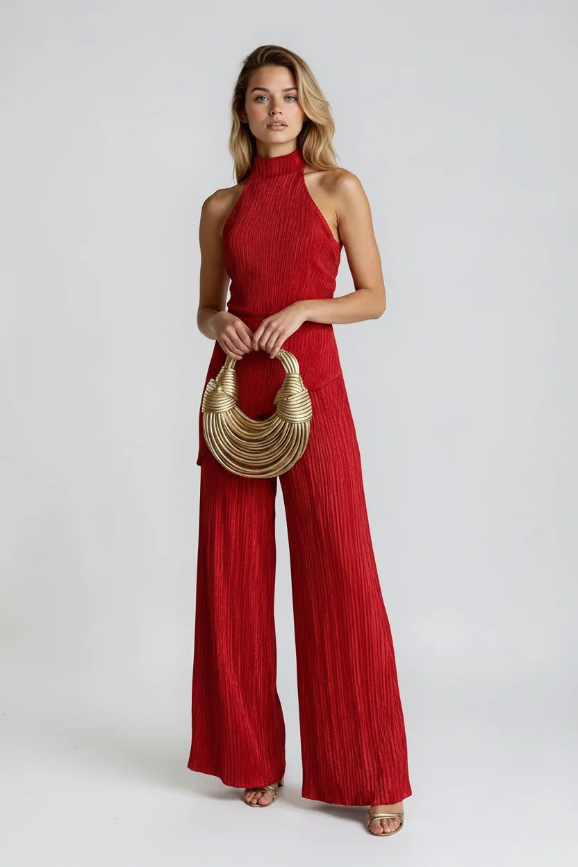 Women's Pleated Two-Piece Set – Off-Shoulder Top & Pants