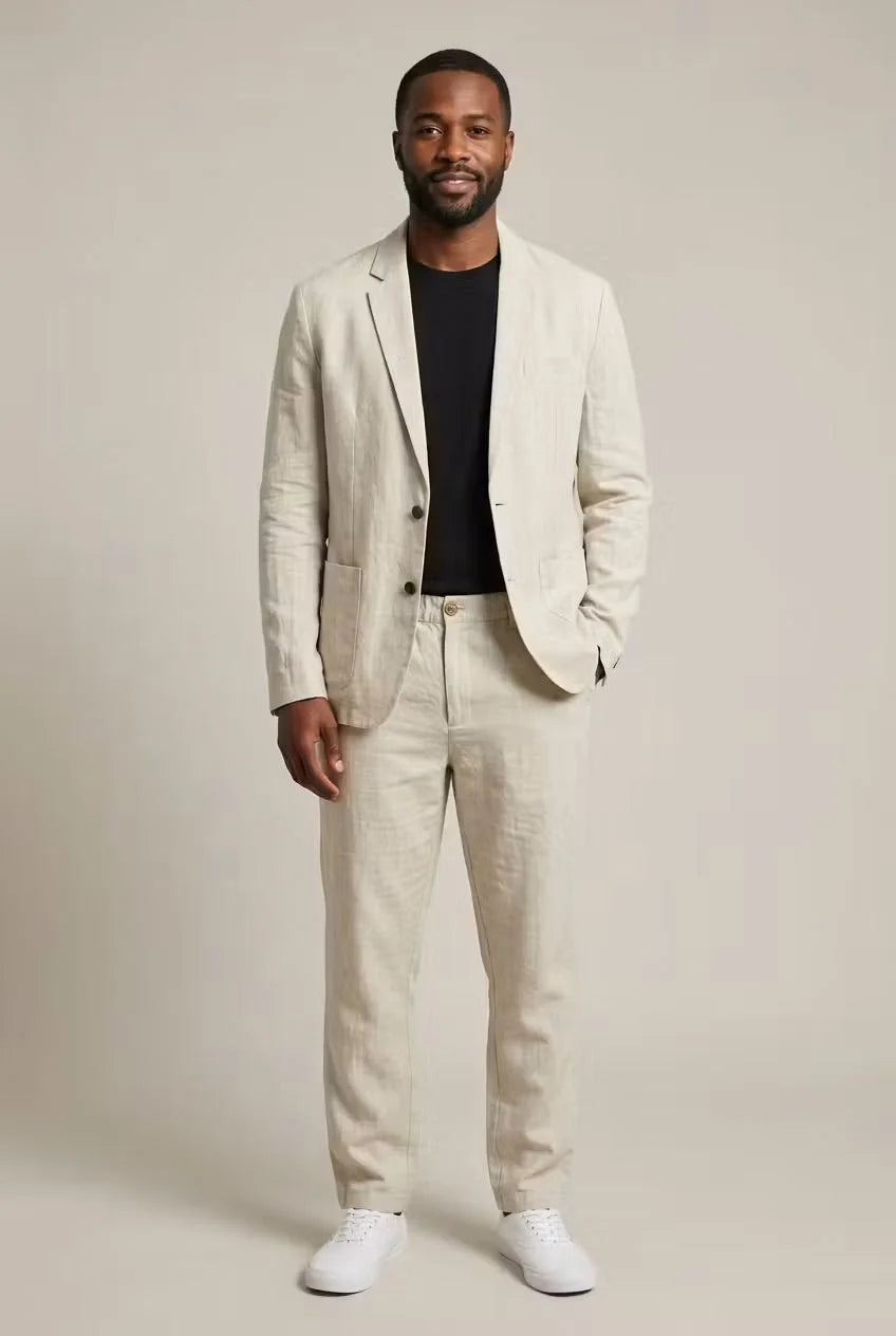 Men's Linen-Blend Two-Piece Suit – Relaxed Straight Leg