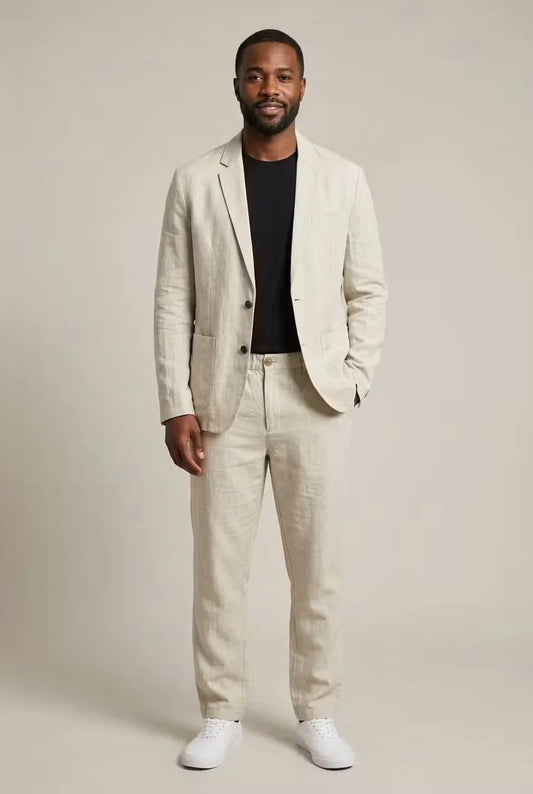 Men's Linen-Blend Two-Piece Suit – Relaxed Straight Leg