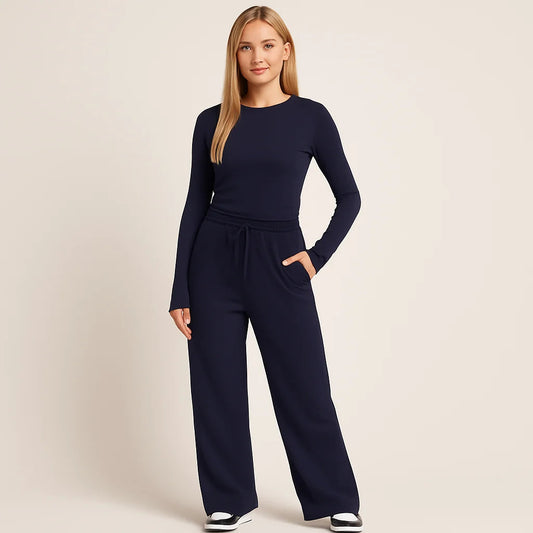 Women's Two-Piece Set – Wide-Leg Pants & Long-Sleeve Top