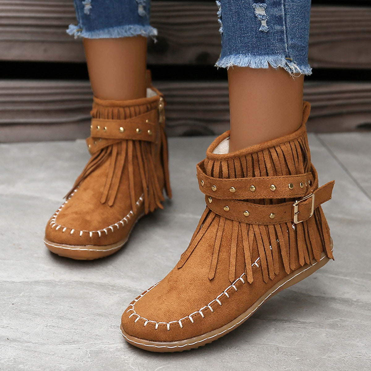 Women's Suede Ankle Boot – Fringe Trim Flat Heel