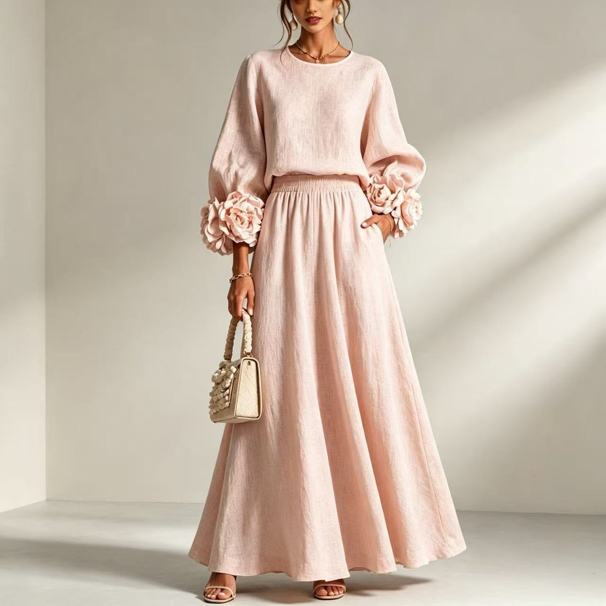 Women's Puff Sleeve Skirt Set – Rose Detail A-Line