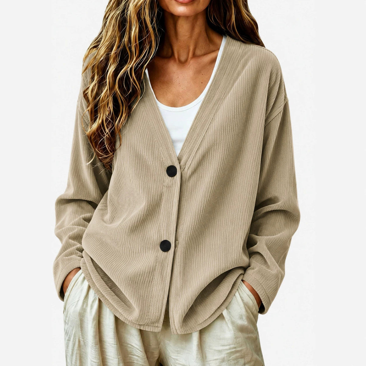 Women's Ribbed Knit Cardigan – Relaxed V-Neck Fit