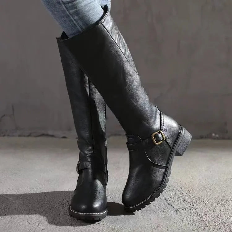Women's Block Heel Boots – Mid-Calf Strap Detail