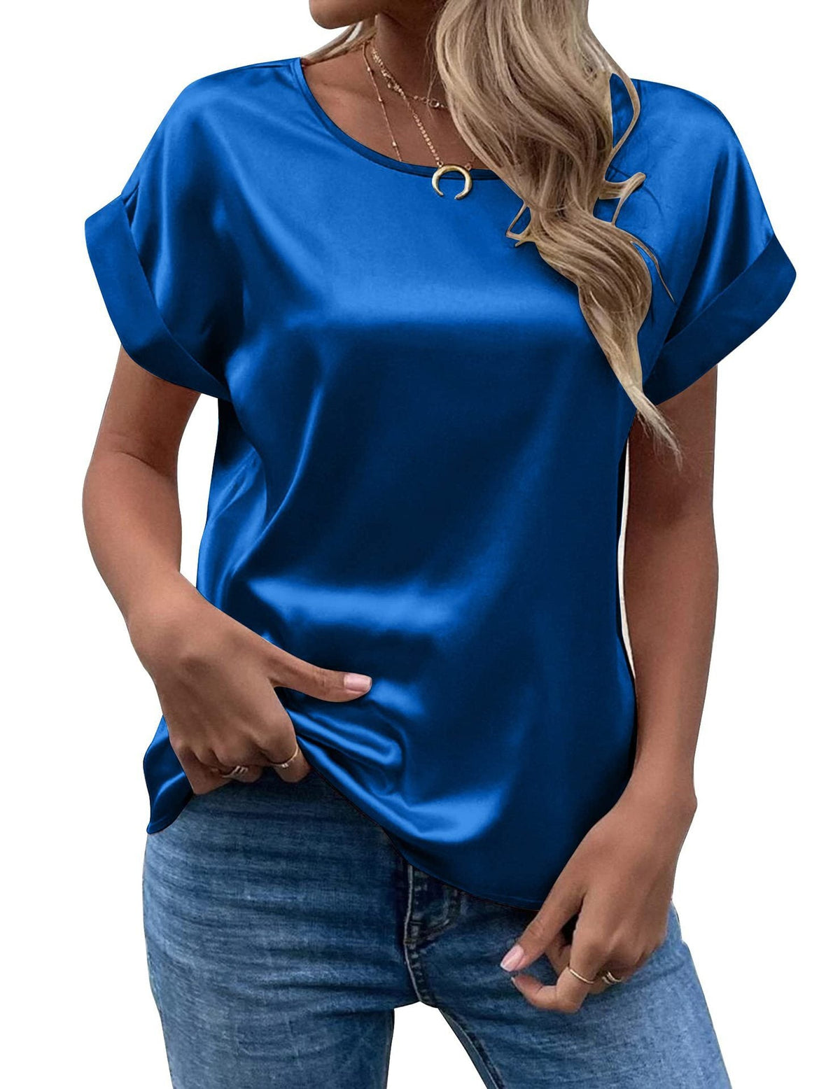 Women's Short-Sleeve Blouse – Wide Cuff Crew Neck